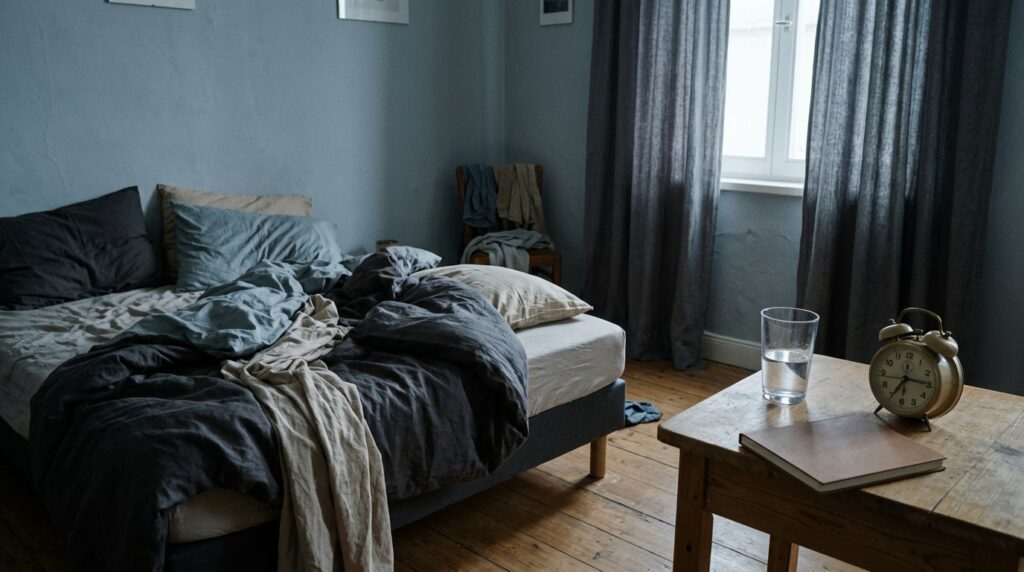 A quiet bedroom with an unmade bed, an open notebook and soft overcast morning light.