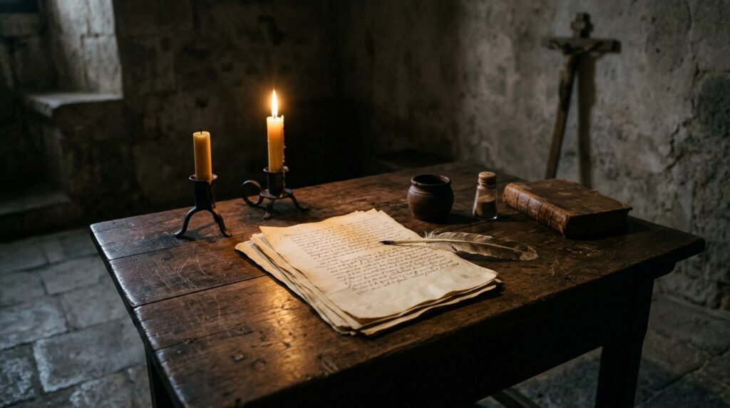 An aged manuscript and writing quill on a wooden desk in a dimly lit historical monastery.