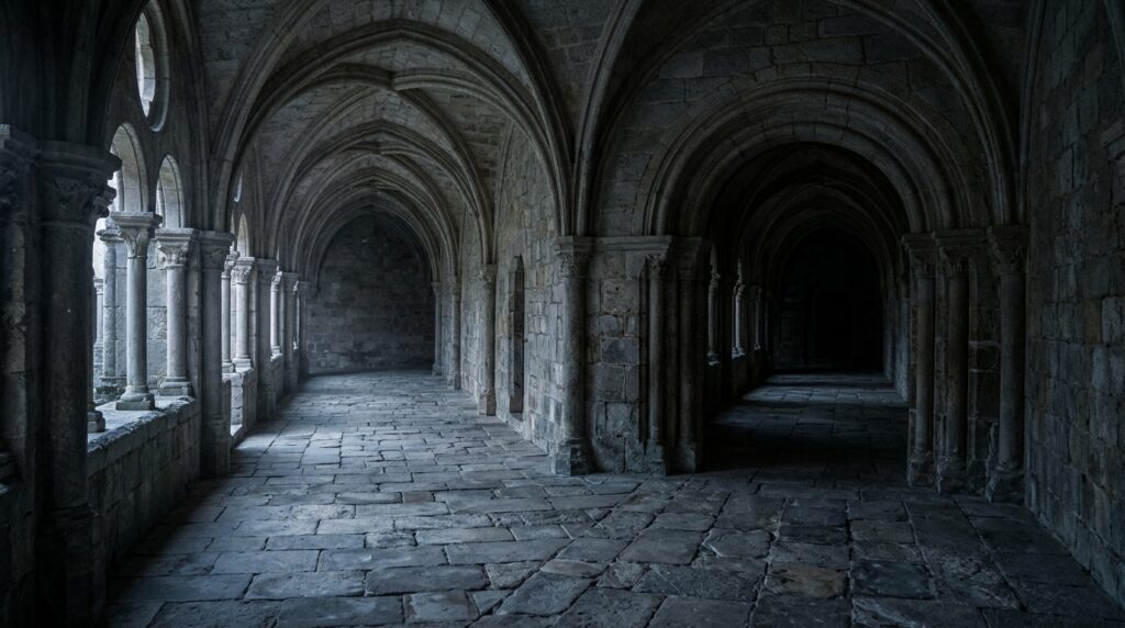 A stone monastery corridor transitioning from a softly lit passage into deeper darkness.