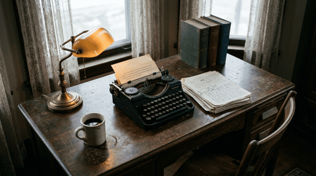 An early 1900s writing desk with a manual typewriter, manuscript pages and old books attributed to Yogi Ramacharaka